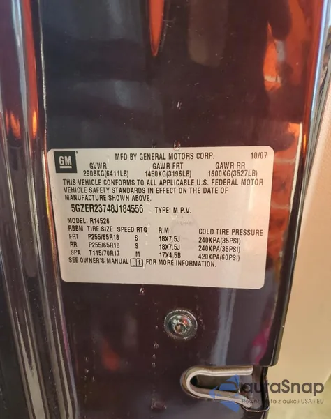 2008 Saturn Outlook Xr from USA, damaged, VIN 5GZER23748J184556